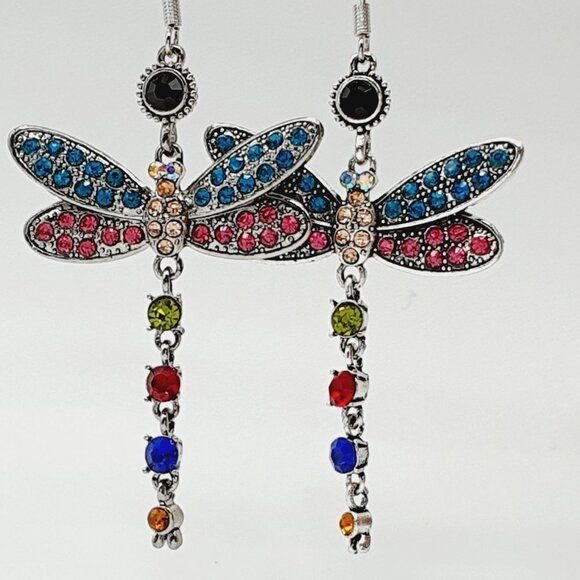 Multi Color Dragonfly Crystal Rhinestone Silver Plated Hook Earrings, V… - Picture 8 of 9